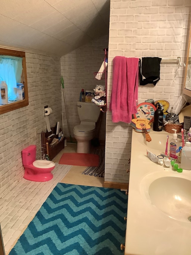 bathroom featuring vanity, vaulted ceiling, and toilet