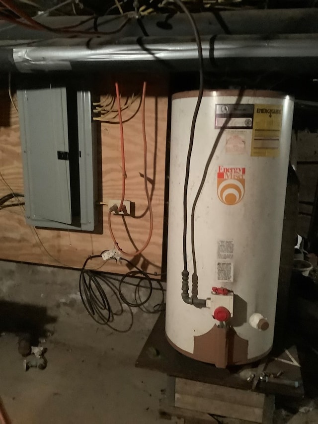 utility room with electric panel and water heater