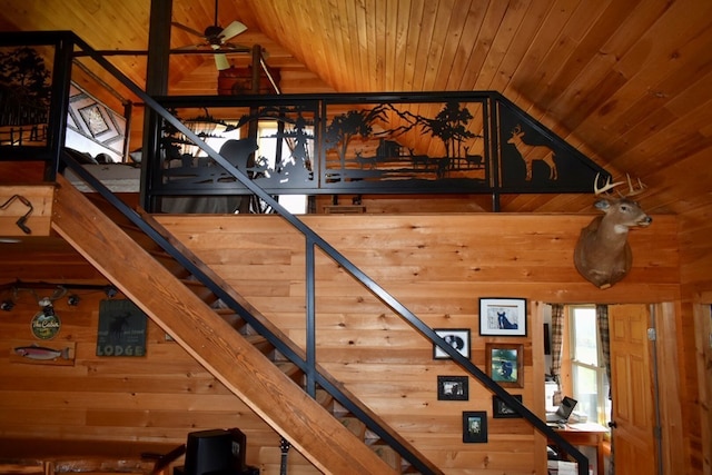 stairway featuring lofted ceiling, wooden walls, ceiling fan, and wooden ceiling