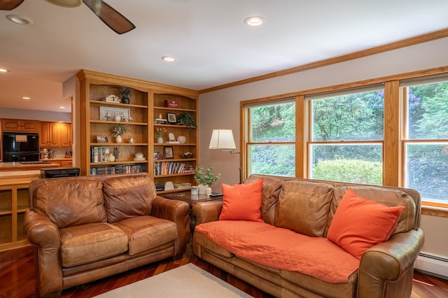 105 Laurel Ln, Sayre, PA 18840 - living room with a ceiling fan, baseboard heating, recessed lighting, ornamental molding, and wood finished floors