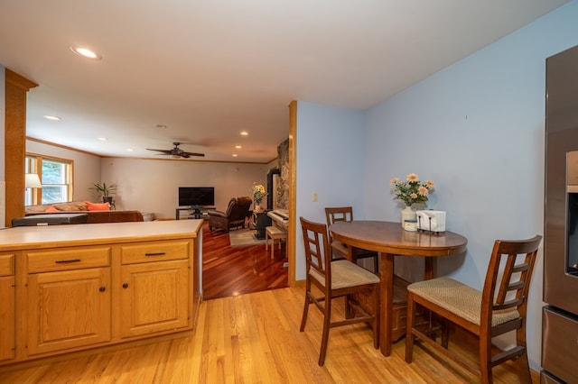 105 Laurel Ln, Sayre, PA 18840 - dining area with light wood-style floors, a ceiling fan, and recessed lighting