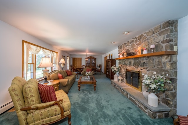 105 Laurel Ln, Sayre, PA 18840 - living room with carpet flooring, a baseboard heating unit, and a stone fireplace