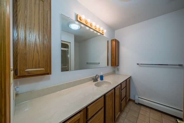 105 Laurel Ln, Sayre, PA 18840 - full bathroom with a baseboard heating unit, vanity, tile patterned flooring, and a shower with door