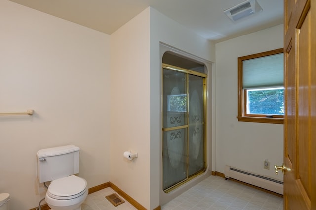 105 Laurel Ln, Sayre, PA 18840 - full bath featuring a baseboard heating unit, toilet, a shower stall, and baseboards