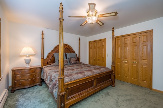 105 Laurel Ln, Sayre, PA 18840 - bedroom featuring a baseboard heating unit, carpet floors, two closets, and ceiling fan