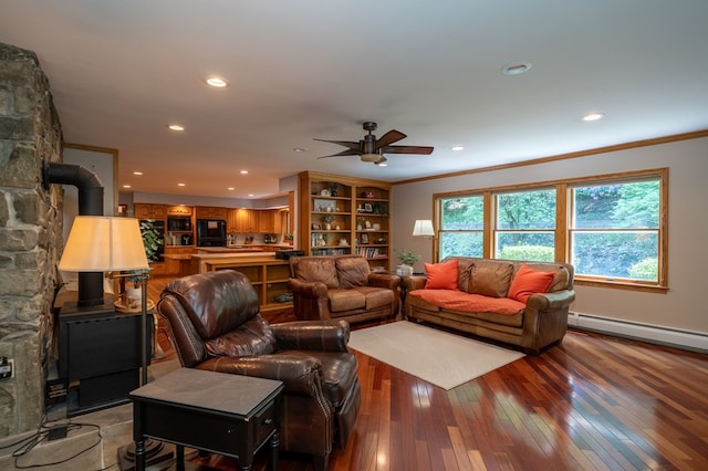 105 Laurel Ln, Sayre, PA 18840 - living room featuring a ceiling fan, a baseboard radiator, ornamental molding, recessed lighting, and wood-type flooring