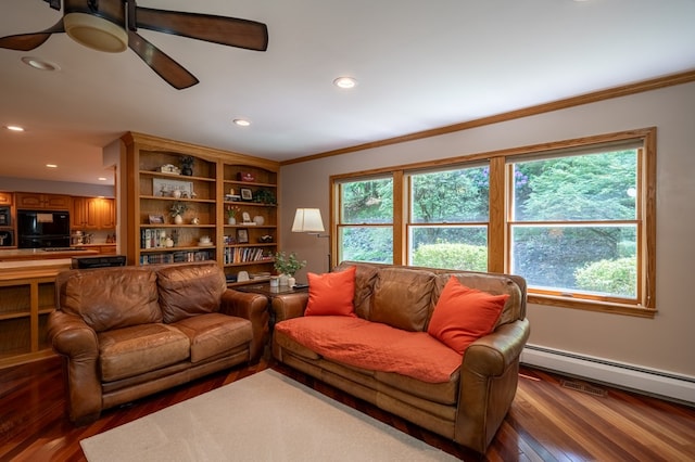 105 Laurel Ln, Sayre, PA 18840 - living room featuring crown molding, recessed lighting, a ceiling fan, wood finished floors, and a baseboard heating unit