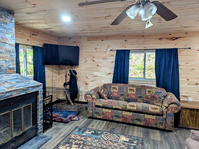 198 Spring Run Rd, Smethport, PA 16749 - living area with wood ceiling, plenty of natural light, wood finished floors, a ceiling fan, and wooden walls