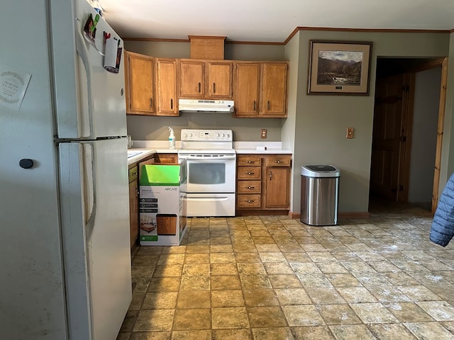 3092 Rte 155, Port Allegany, PA 16743 - kitchen featuring white appliances, under cabinet range hood, crown molding, light countertops, and light stone finish floors