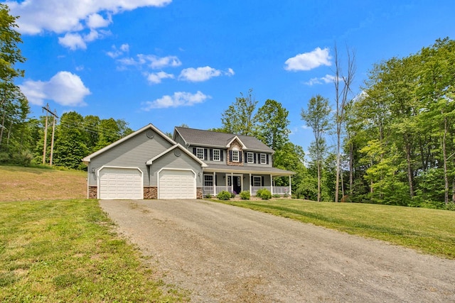 5 Sylvan Glen Rd, Wellsboro, PA 16901 - colonial-style house with a porch, an attached garage, a front lawn, driveway, and stone siding