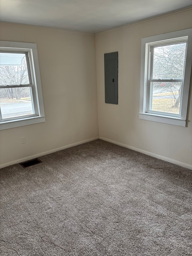 carpeted empty room with visible vents, ornamental molding, electric panel, and baseboards