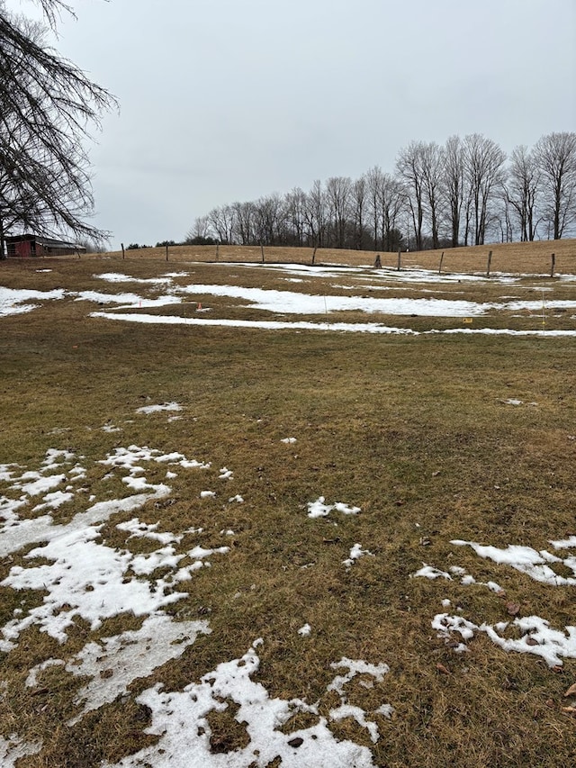 yard covered in snow with a rural view