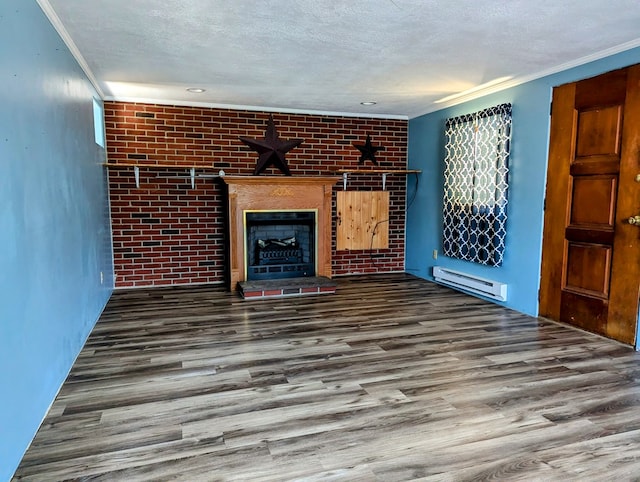 unfurnished living room featuring a textured ceiling, dark hardwood / wood-style flooring, and a baseboard radiator