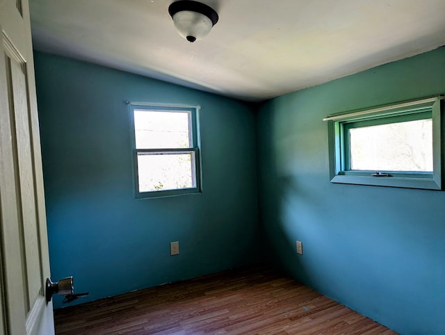 unfurnished room featuring hardwood / wood-style flooring and lofted ceiling