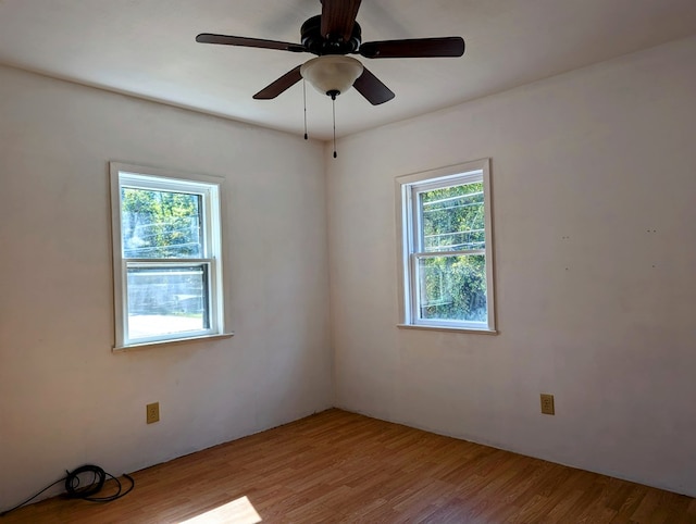 unfurnished room with plenty of natural light, light hardwood / wood-style floors, and ceiling fan