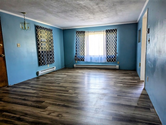 empty room with dark hardwood / wood-style flooring, crown molding, and a baseboard heating unit