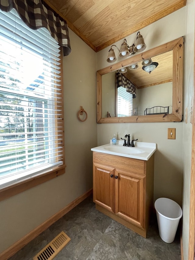 bathroom featuring vanity, a wealth of natural light, and wood ceiling