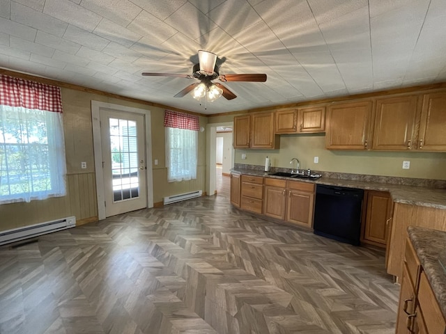 kitchen with baseboard heating, ceiling fan, dishwasher, and sink