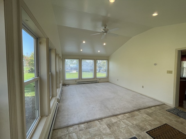 unfurnished sunroom featuring baseboard heating, ceiling fan, and lofted ceiling