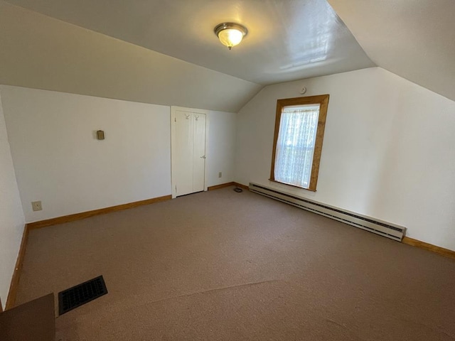 bonus room with carpet, lofted ceiling, and baseboard heating