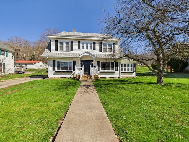 1010 W Main St, Smethport, PA 16749 - view of front of property with fence, a shingled roof, a chimney, and a front lawn