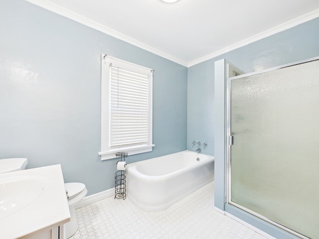 1010 W Main St, Smethport, PA 16749 - full bath featuring a garden tub, crown molding, a shower stall, baseboards, and toilet