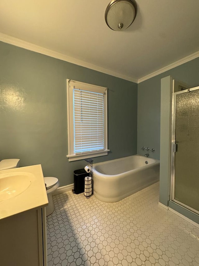 bathroom with toilet, a shower stall, crown molding, and vanity