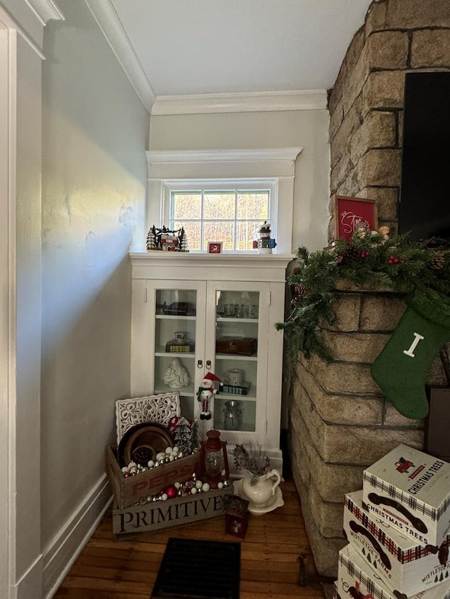 room details with baseboards, crown molding, and wood finished floors