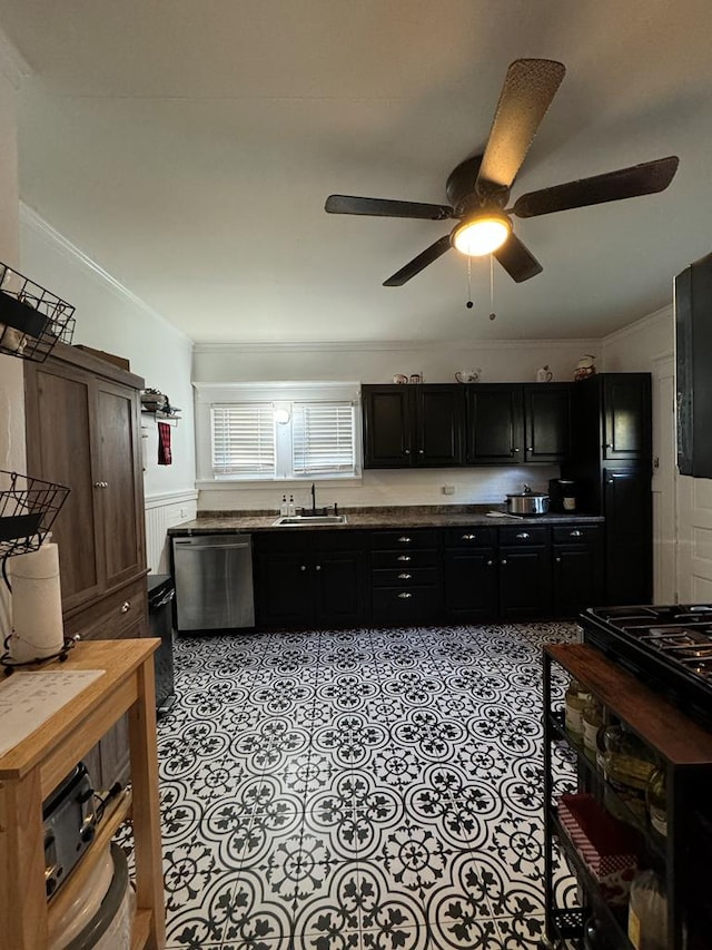 kitchen featuring light tile patterned floors, ornamental molding, dark cabinets, stainless steel dishwasher, and a sink