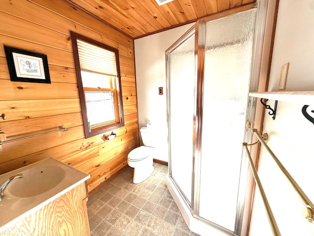 bathroom with toilet, wood ceiling, wood walls, and vanity