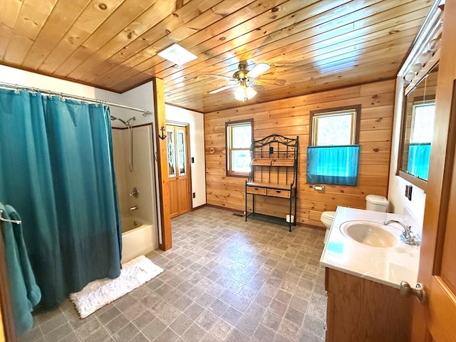 full bathroom featuring toilet, wooden walls, wooden ceiling, and vanity