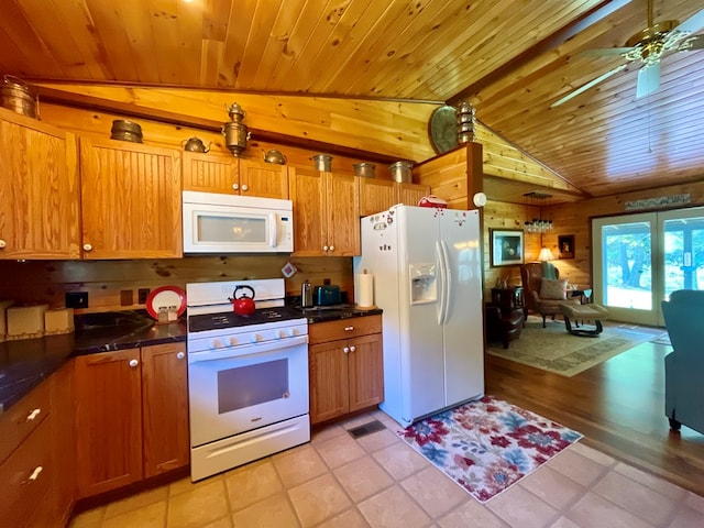 kitchen featuring wood ceiling, white appliances, ceiling fan, lofted ceiling, and light tile patterned flooring