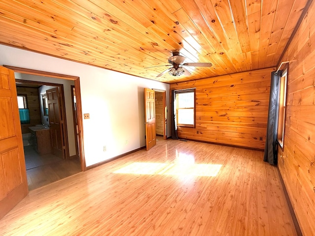 empty room with ceiling fan, light hardwood / wood-style floors, wood walls, and wooden ceiling