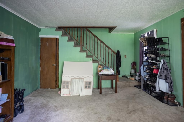 64 Extension St, Mansfield, PA 16933 - carpeted living room featuring stairs, ornamental molding, and wood walls