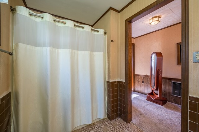 517 Mohawk St, Sayre, PA 18640 - full bathroom featuring ornamental molding, a wainscoted wall, and curtained shower