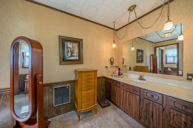 517 Mohawk St, Sayre, PA 18640 - bathroom featuring ornamental molding, vanity, heating unit, and wainscoting