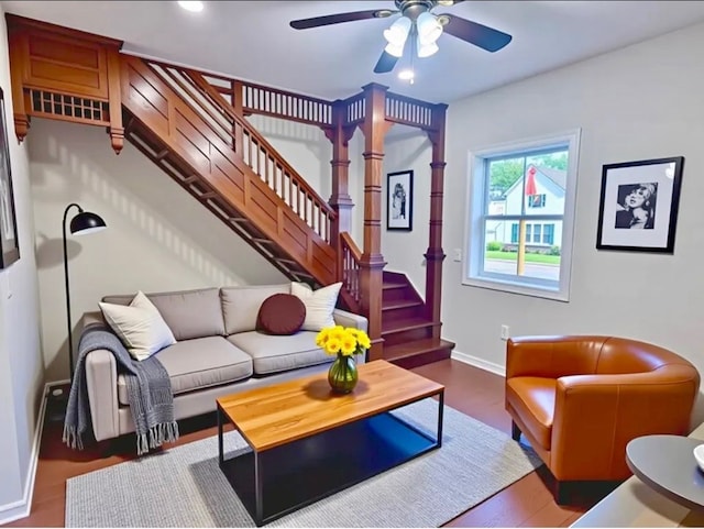501 N Main St, Athens, PA 18810 - living room featuring a ceiling fan, stairway, recessed lighting, and wood finished floors