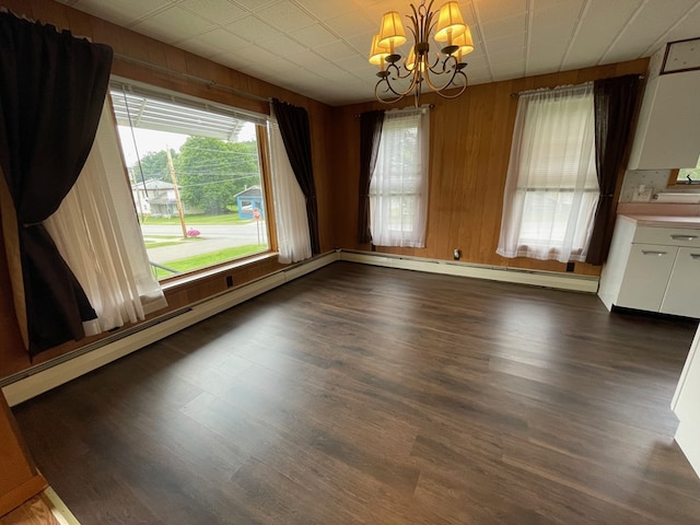401 Center St, Ulysses, PA 16948 - unfurnished dining area with a chandelier, dark wood-style flooring, and wooden walls