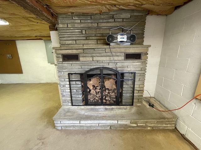 401 Center St, Ulysses, PA 16948 - detailed view of unfinished concrete floors, a stone fireplace, concrete block wall, and electric panel