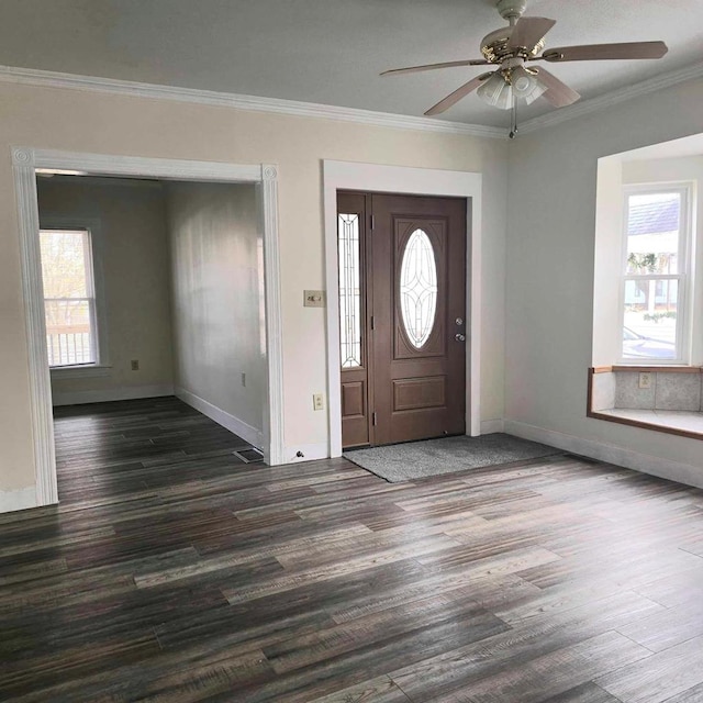 entryway with plenty of natural light, dark hardwood / wood-style floors, and ornamental molding