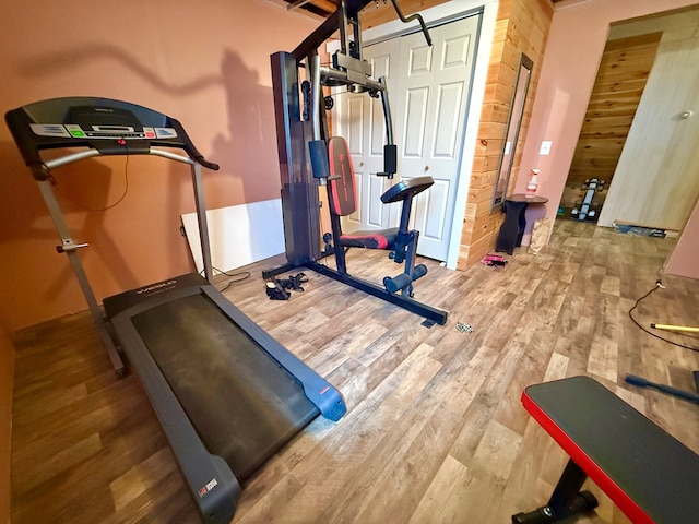 workout room featuring a barn door and wood finished floors