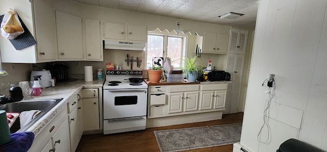 kitchen featuring electric stove, under cabinet range hood, light countertops, dark wood-type flooring, and a sink