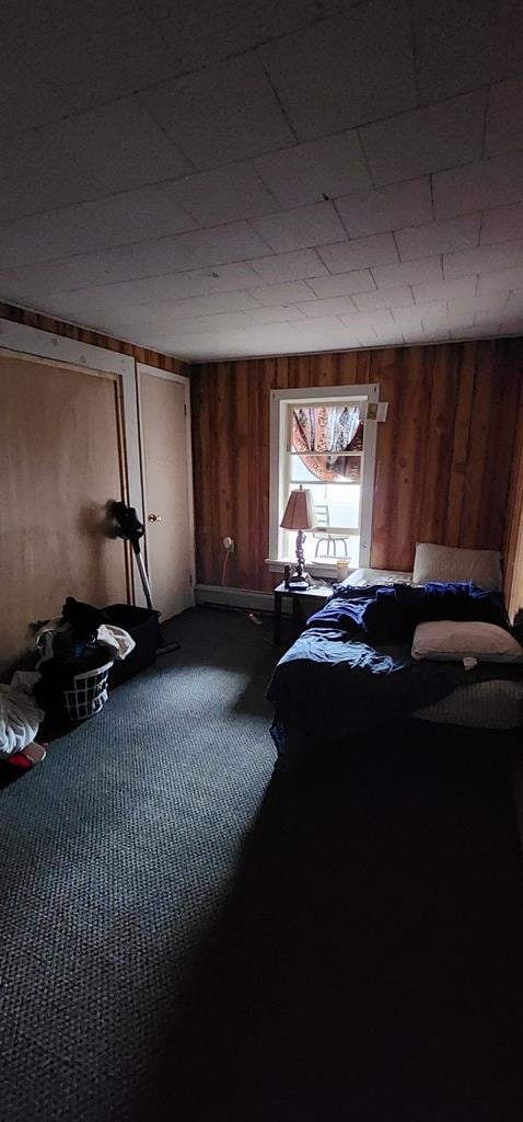 bedroom featuring wooden walls and dark colored carpet