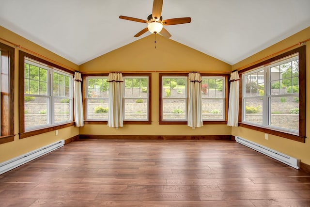 77 Hunters Trl, Wellsboro, PA 16901 - unfurnished sunroom with baseboard heating, vaulted ceiling, and wood-type flooring