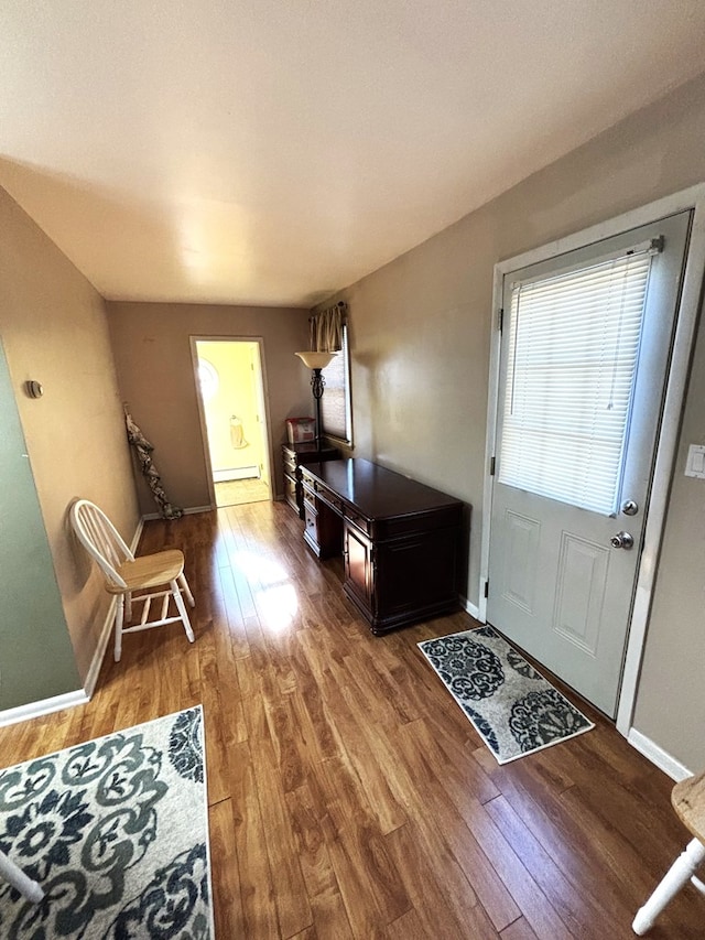 foyer entrance featuring hardwood / wood-style floors and baseboard heating