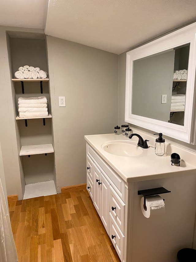 bathroom with wood finished floors and vanity