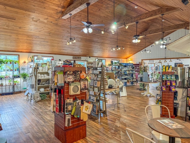 miscellaneous room with wood ceiling, high vaulted ceiling, and wood finished floors