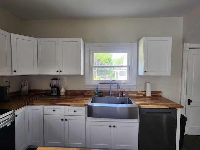 406 E Maple St, Coudersport, PA 16915 - kitchen featuring wood counters, dishwashing machine, white cabinets, and stove