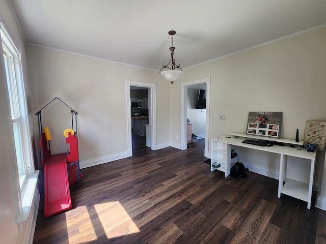 406 E Maple St, Coudersport, PA 16915 - home office featuring healthy amount of natural light, dark wood-style floors, and ornamental molding