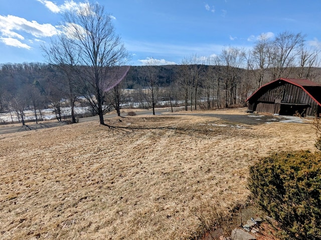 view of yard with a barn, a forest view, and an outbuilding